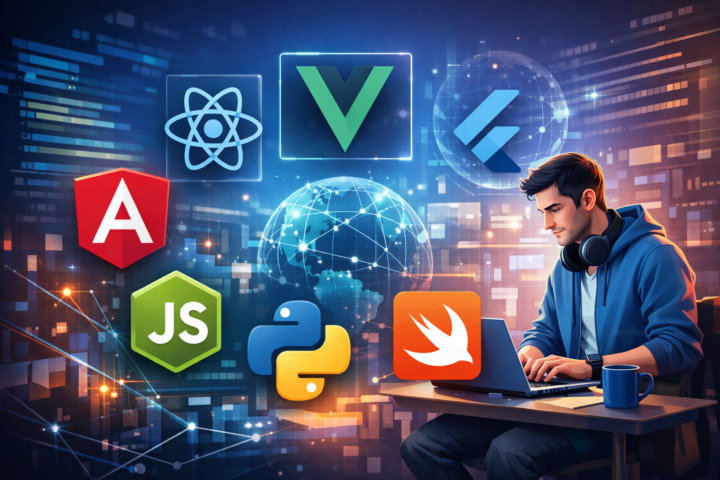 Ikon-ikon framework pengembangan aplikasi modern dengan latar teknologi dan pengembang bekerja