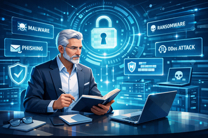 Pimpinan organisasi mempelajari istilah keamanan siber dengan latar belakang simbol keamanan digital