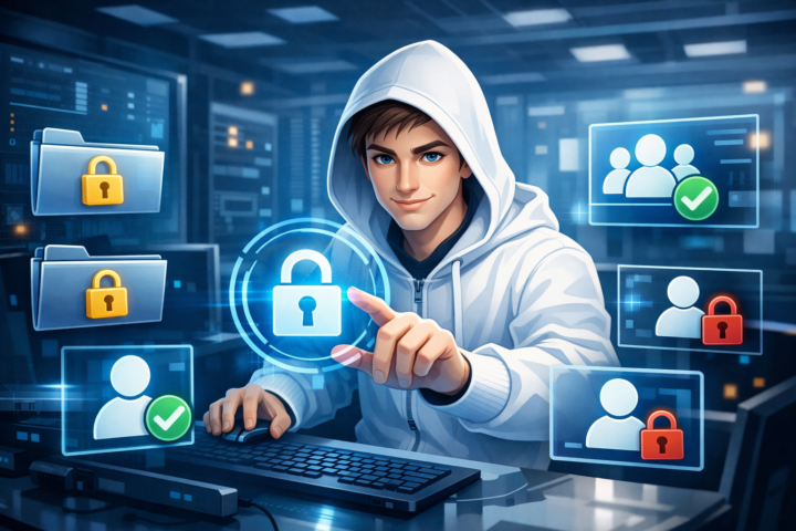 Ilustrasi pengelolaan hak akses pada sistem digital dengan ikon kunci dan pengguna