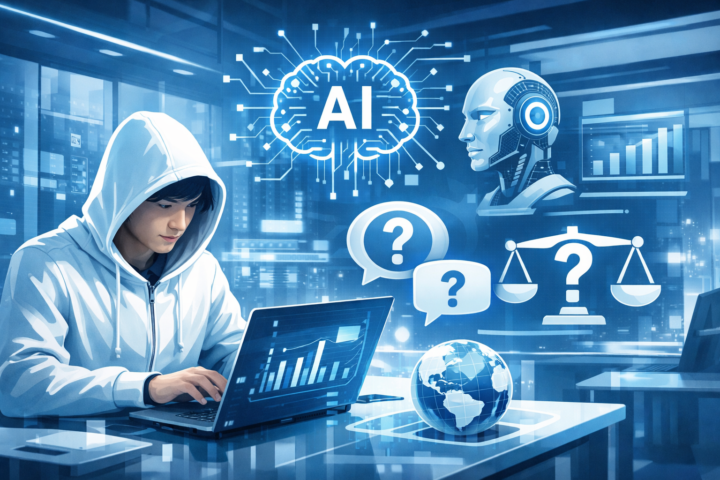 Ilustrasi bisnis dengan ikon AI dan tanda tanya, menggambarkan evaluasi sebelum mengadopsi AI