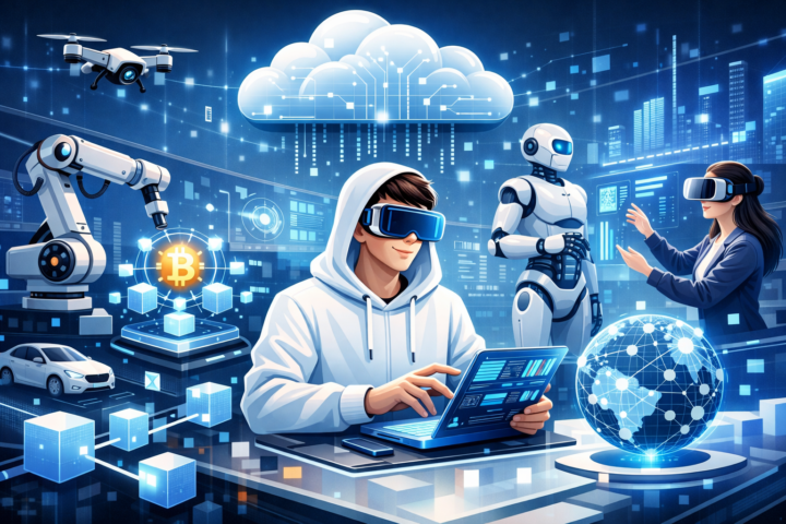 Grafis futuristik yang menunjukkan teknologi AI, blockchain, IoT, AR, VR dan robotik dalam dunia bisnis