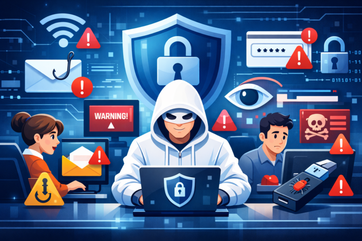 Ilustrasi keamanan siber di kantor dengan karyawan menggunakan komputer dan ikon keamanan digital