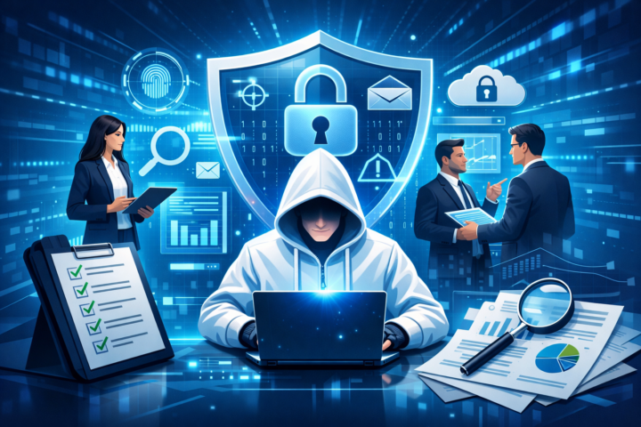 Ilustrasi program keamanan siber dengan ikon perlindungan data dan proses audit