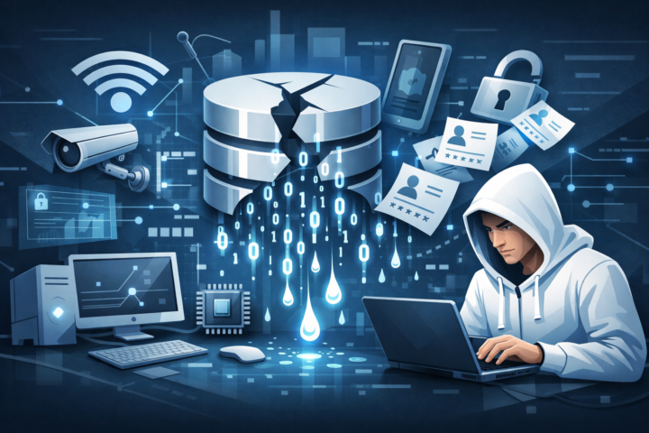 Ilustrasi berbagai sumber kebocoran data digital seperti perangkat keras, Wi-Fi, perangkat IoT, dan karyawan