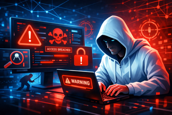 Ilustrasi tanda ancaman siber dan deteksi dini pada sistem keamanan organisasi