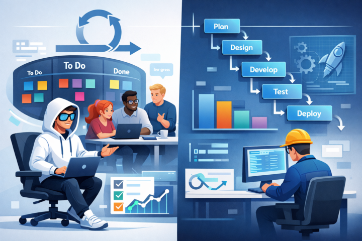 Ilustrasi perbandingan metodologi Agile dan Waterfall dalam pengelolaan proyek TI