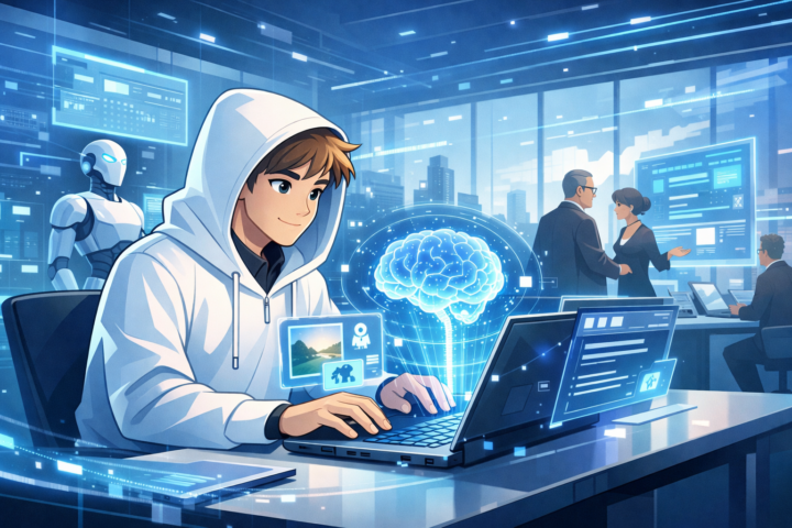 Ilustrasi teknologi AI generatif membantu pekerja di kantor modern dengan tampilan holografik dan data digital