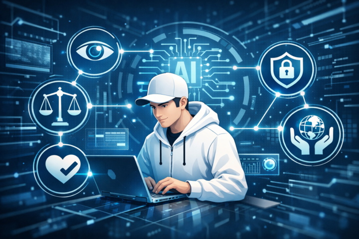 Ilustrasi konsep tata kelola AI dengan ikon prinsip etika, transparansi, keamanan, keadilan, dan tanggung jawab