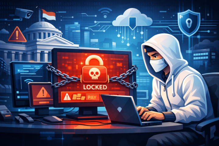 Ilustrasi serangan ransomware pada layanan publik dengan komputer terkunci dan simbol ransomware
