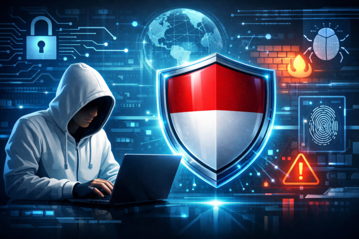 Ilustrasi keamanan siber melindungi data digital di Indonesia dengan latar bendera Indonesia