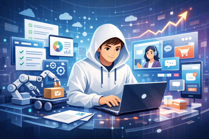 Ilustrasi digitalisasi, digitalisasi proses, dan transformasi digital di dunia bisnis