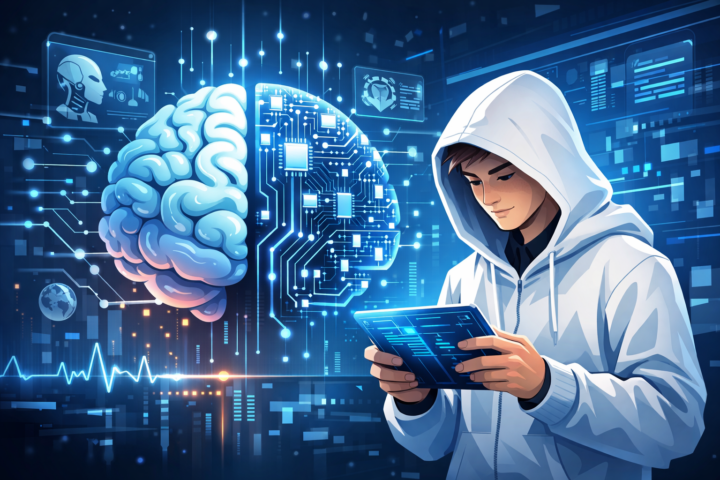 Ilustrasi konsep Artificial Intelligence dengan otak manusia dan sirkuit digital futuristik