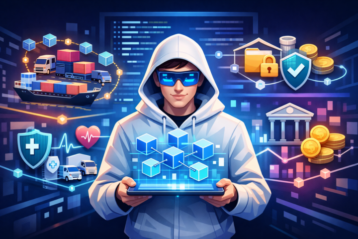 Ilustrasi teknologi blockchain yang digunakan di berbagai sektor selain cryptocurrency seperti keuangan, logistik, dan kesehatan