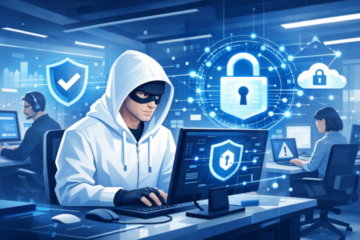 Ilustrasi konsep cyber hygiene di lingkungan kerja kantor digital