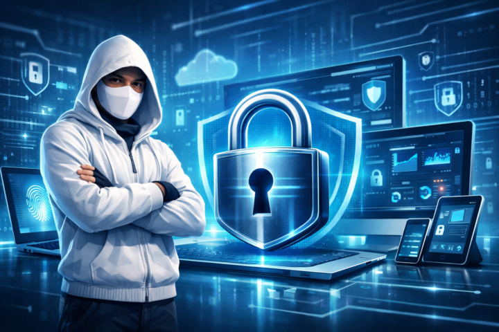 Ilustrasi perlindungan data digital dengan simbol gembok dan perangkat teknologi