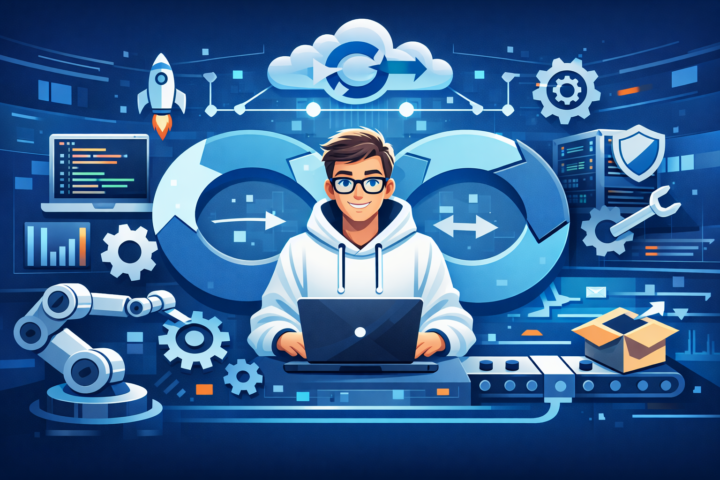 Ilustrasi DevOps yang menunjukkan kolaborasi antara tim pengembangan dan operasional dengan ikon alat otomatisasi dan integrasi berkelanjutan