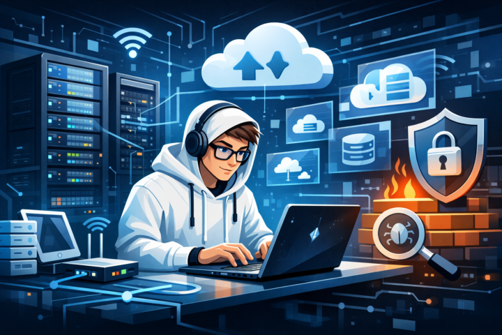 Diagram komponen infrastruktur TI dengan server, jaringan, cloud, dan elemen keamanan digital