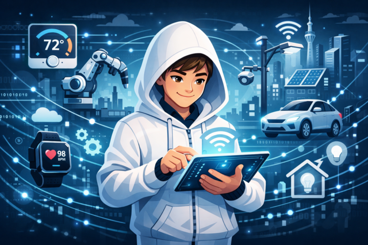 Ilustrasi Internet of Things menghubungkan perangkat pintar seperti termostat, perangkat kesehatan, sensor industri, dan infrastruktur kota pintar