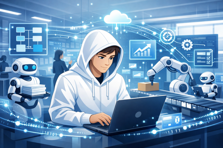 Ilustrasi teknologi otomasi dengan robot dan aliran data digital dalam lingkungan kantor modern