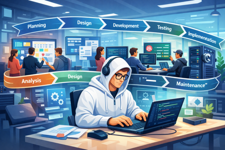 Diagram tahapan Software Development Lifecycle dari perencanaan hingga pemeliharaan