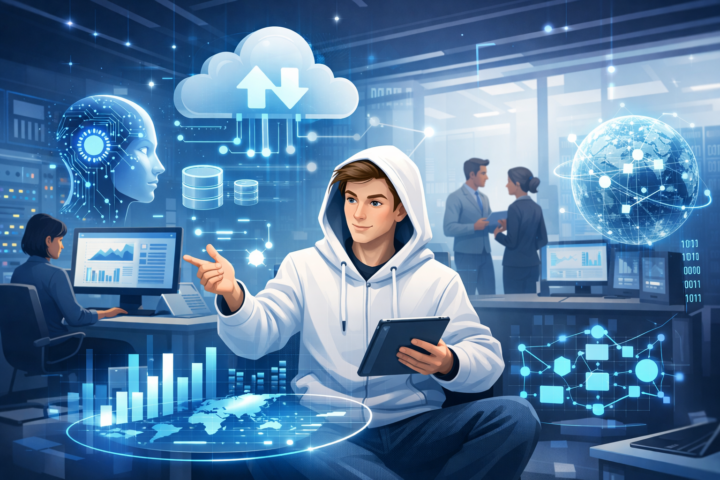 Ilustrasi transformasi digital dengan teknologi cloud, AI, big data, dan kolaborasi tim di kantor modern