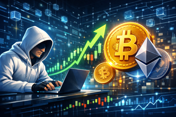 Grafik pasar kripto menunjukkan tren pemulihan dengan simbol Bitcoin dan Ethereum serta elemen teknologi blockchain