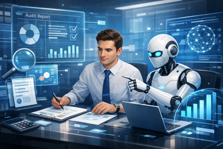 Auditor profesional menggunakan teknologi AI untuk meningkatkan mutu audit di lingkungan kantor modern