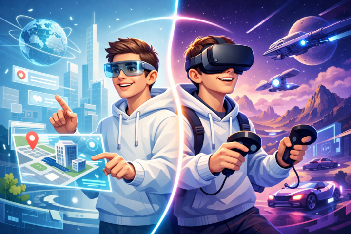Ilustrasi perbandingan teknologi Augmented Reality dan Virtual Reality dalam penggunaan digital dan pengalaman imersif