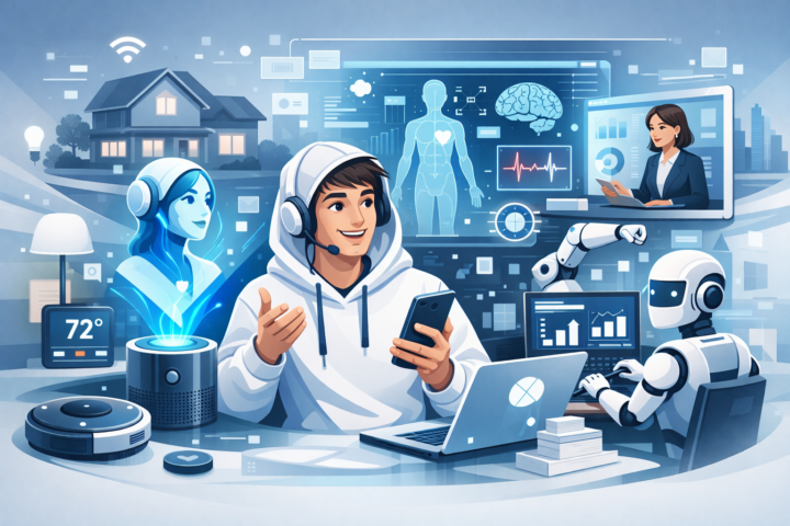 Ilustrasi penggunaan AI dalam kehidupan sehari-hari seperti asisten virtual, analisis kesehatan, dan perangkat pintar