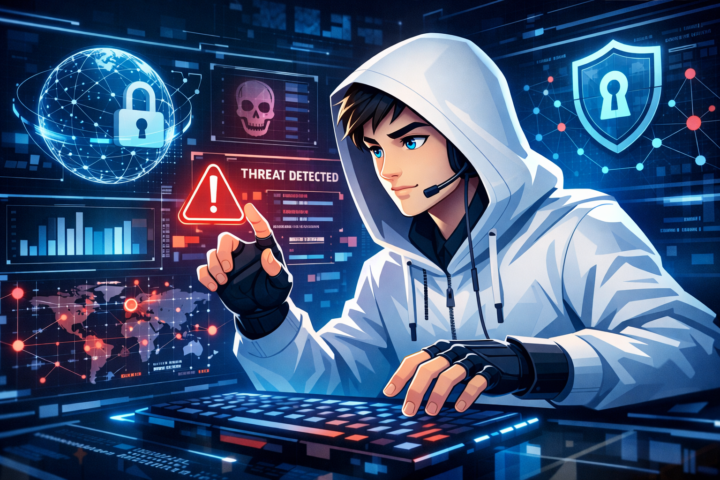 Ilustrasi AI menganalisis data keamanan siber dengan antarmuka digital futuristik