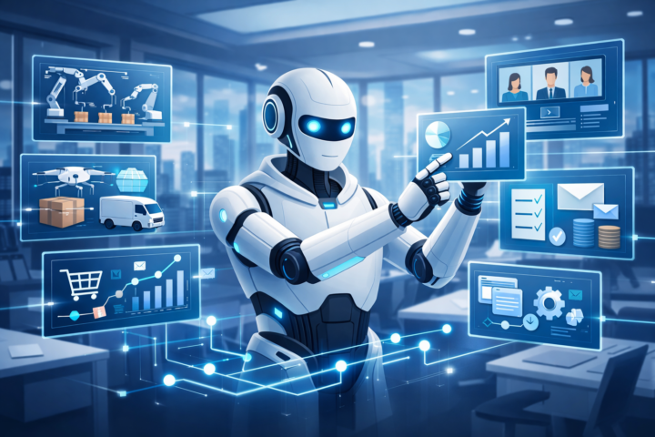 Teknologi AI mengotomasi proses bisnis dengan grafik data dan robot di kantor modern