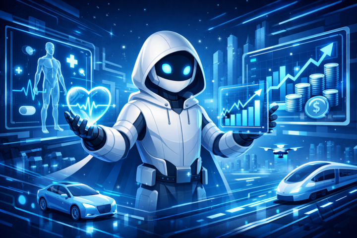 Ilustrasi AI yang mengubah dunia teknologi dengan ikon sektor kesehatan, keuangan, dan transportasi