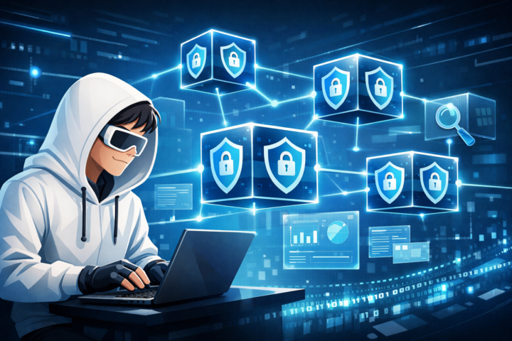 Ilustrasi konsep blockchain dengan blok data terhubung dan simbol keamanan