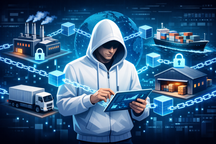 Ilustrasi jaringan blockchain yang menghubungkan elemen rantai pasokan seperti pabrik, truk, dan gudang