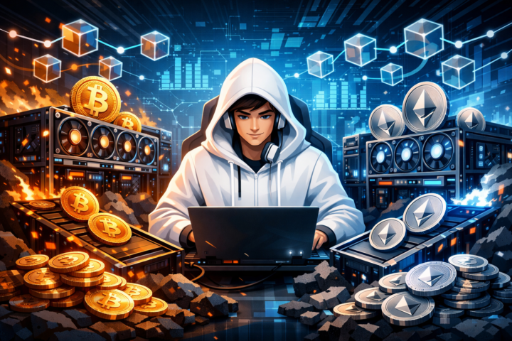 Ilustrasi proses mining Bitcoin dan Ethereum dengan rig mining dan simbol blockchain