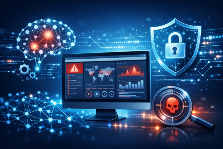 Ilustrasi machine learning dalam keamanan siber dengan jaringan digital dan analisis ancaman