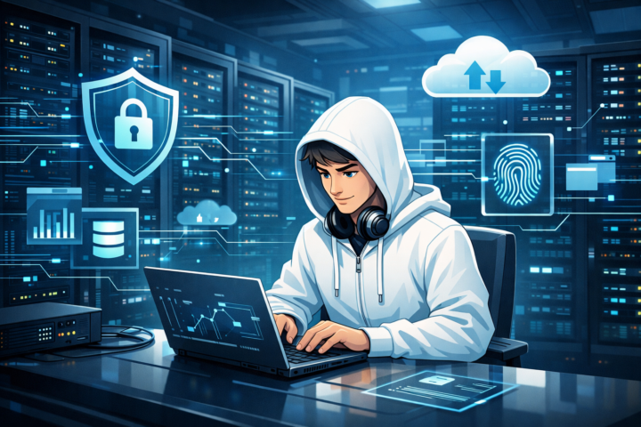 Ruang server modern dengan rak server dan grafik aliran data digital untuk pengelolaan dan keamanan data bisnis.