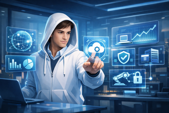 Profesional bisnis memilih solusi teknologi digital dengan tampilan data dan antarmuka futuristik di kantor modern