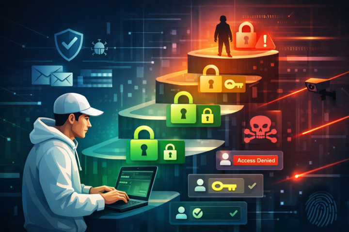 Ilustrasi privilege creep dan pengelolaan akses di organisasi besar untuk keamanan data