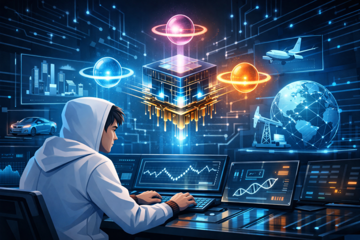 Ilustrasi teknologi komputer kuantum dengan qubit bersinar yang melambangkan dampak quantum supremacy pada berbagai sektor.