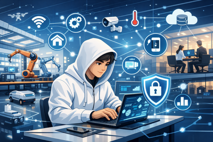 Ilustrasi teknologi sensor dan perangkat terhubung dalam lingkungan kerja digital modern