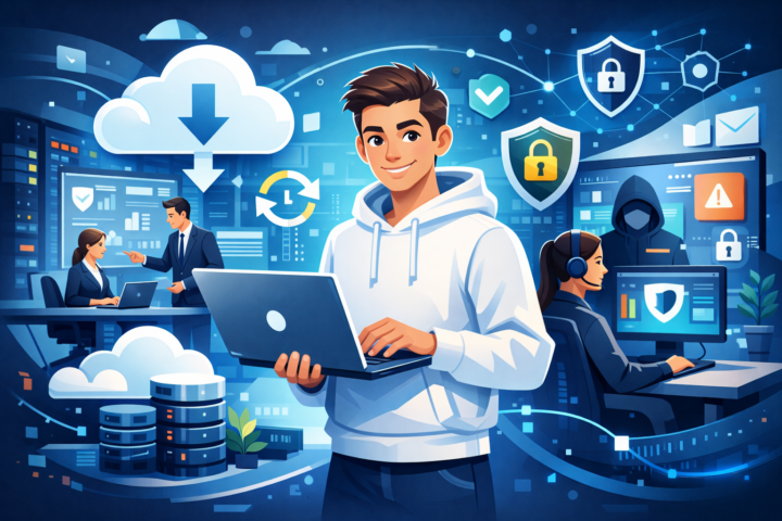 Ilustrasi teknologi digital modern mendukung keandalan dan ketersediaan bisnis dengan cloud computing, backup data, dan keamanan siber