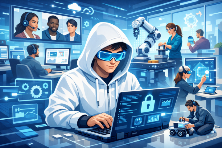 Ilustrasi teknologi digital yang mengubah cara bekerja dengan otomatisasi, kolaborasi jarak jauh, dan penggunaan keterampilan digital di tempat kerja modern