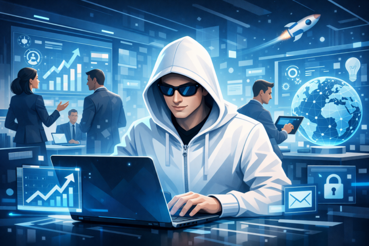 Profesional menggunakan teknologi digital dan alat kolaborasi dalam lingkungan kantor modern