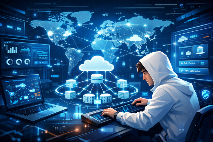 Gambaran konsep teknologi SD-WAN yang meningkatkan efisiensi jaringan digital modern