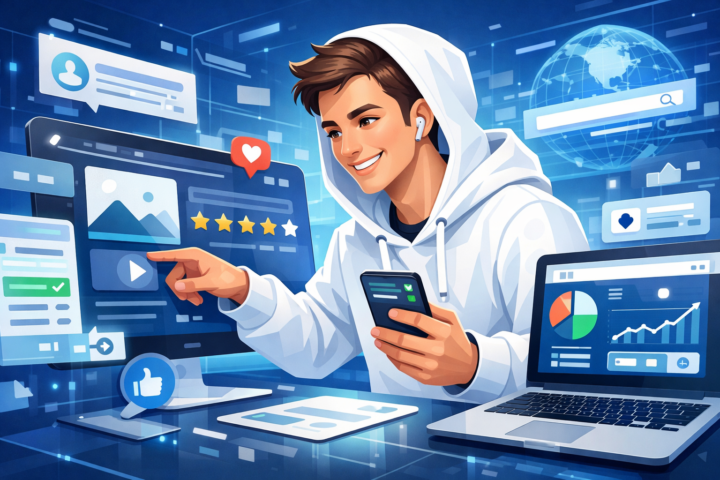 Ilustrasi pengguna yang puas menggunakan aplikasi dan website dengan desain UX yang baik untuk pertumbuhan bisnis