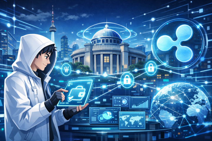 Ilustrasi kolaborasi Bank Sentral Korea Selatan dan Ripple menggunakan teknologi blockchain untuk sistem pembayaran digital.