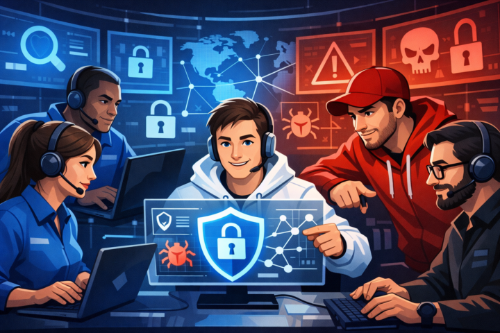 Ilustrasi Blue Team, Red Team, SOC Analyst dan Security Engineer bekerja bersama dalam keamanan siber