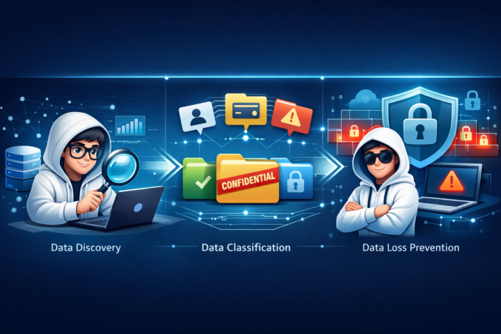 Ilustrasi konsep Data Discovery, Data Classification, dan Data Loss Prevention (DLP) yang saling terkait untuk keamanan data.