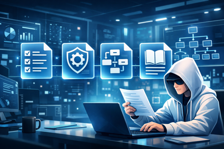 Ilustrasi ikon dokumen kebijakan, standar, prosedur, dan pedoman dalam konteks organisasi